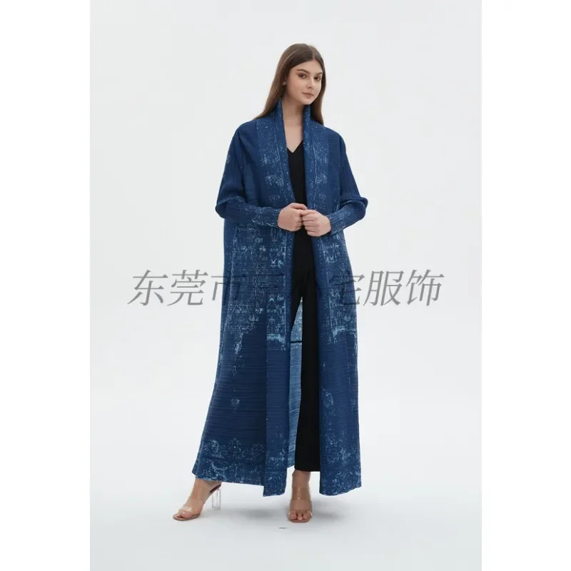 KAF Pleated Large Size Women Trench Coat 2024 Spring and Autumn New Vintage Printed Design Luxury Female Coat Arabian Abaya