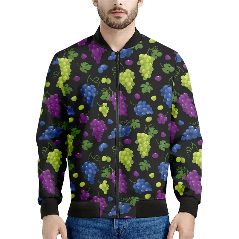 Colorful Grape Graphic Zipper Jackets Men 3d Printed Fruit Coat Tops Street Casual Zip Up Jacket Long Sleeve Bomber Sweatshirt