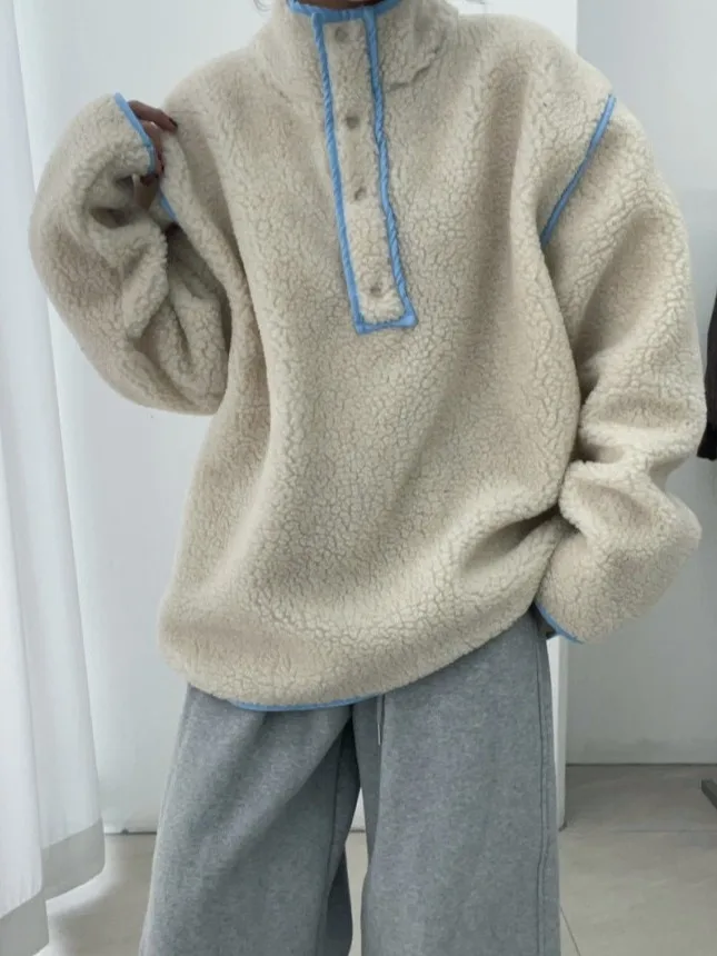 Faionable Chic Color Blo Hoodie Jaet Women's Loose Warm Stand Collar Sweatirt Outerwear Lazy Sle Design Top