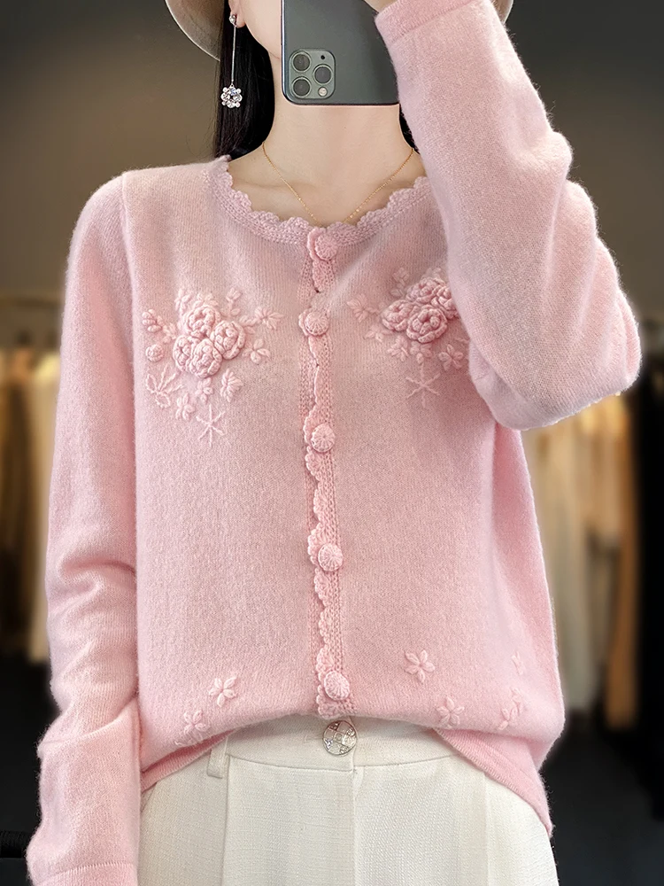 Grace Women Wool Cardigans Lace O-neck Cashmere Sweater Flowers Spring Autumn 100% Merino Wool Knitwear Odzież z długim rękawem Top