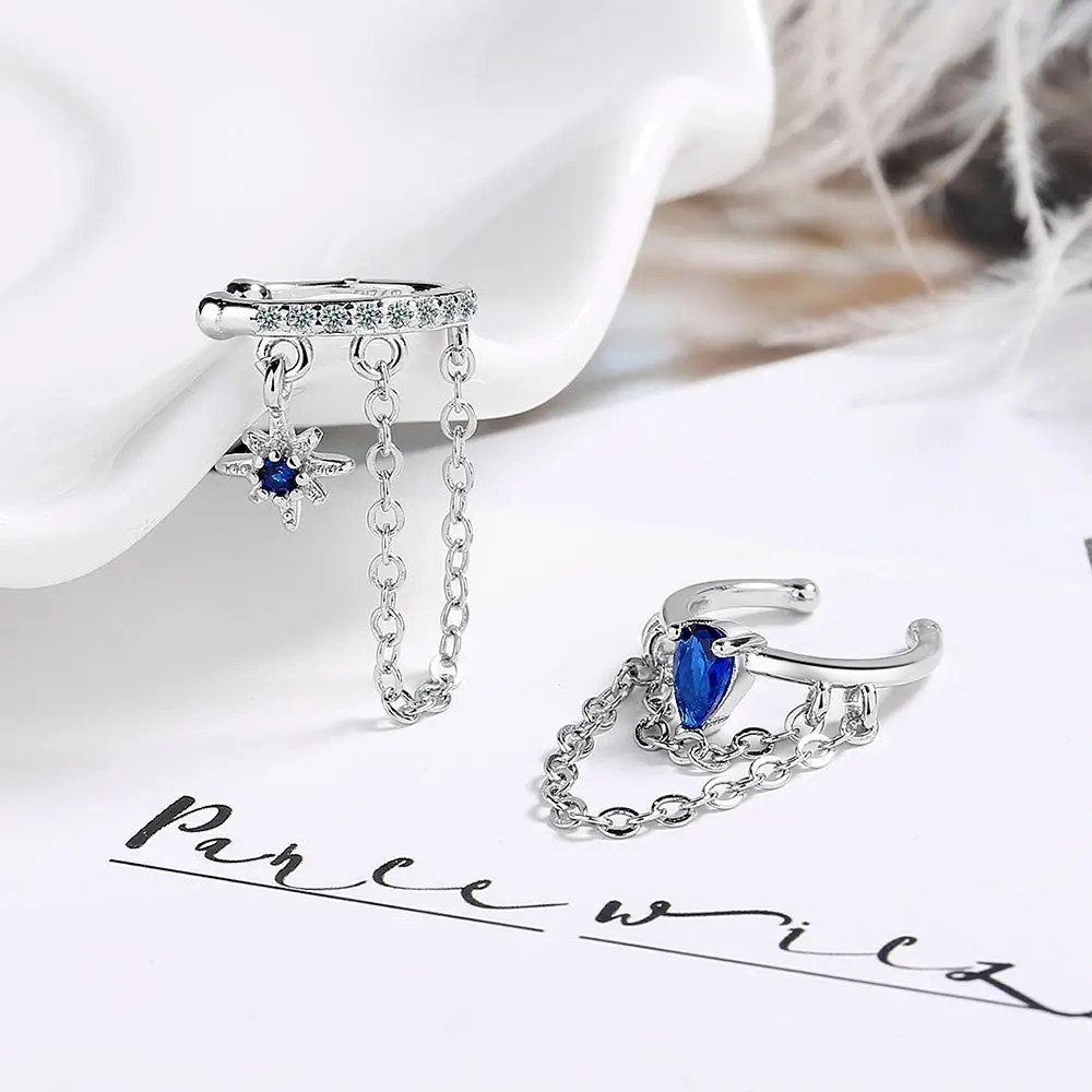 

Двойная цепочка из стерлингового серебра 925 пробы, синяя зажим для ушей Klein, капля воды, рисовый циркон, зажим для ушей, подарок на день рождения и праздник