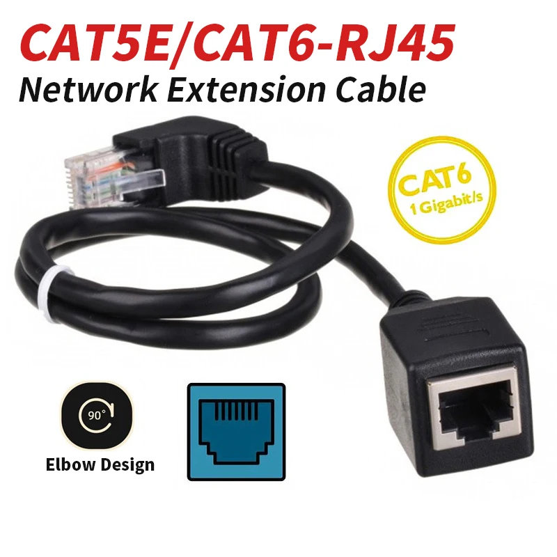 CAT6 RJ45 Network Extension Cable Threaded/snap Fit RJ45 Male to Female Waterproof Network Cable Black CAT5E 90° Network Line