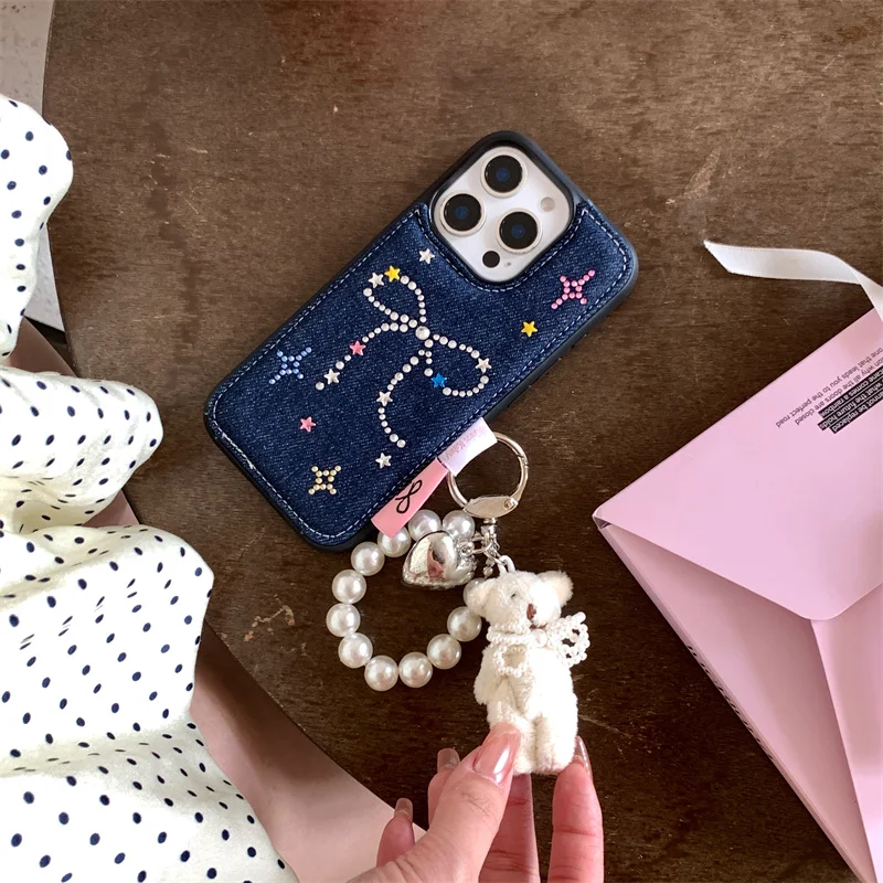Korean Cute Diamond Bow Denim Phone Case For iPhone 16 Pro 14 13 15 Pro Max Cover with Plus Rabbit Keychain Cases 16 Promax Capa