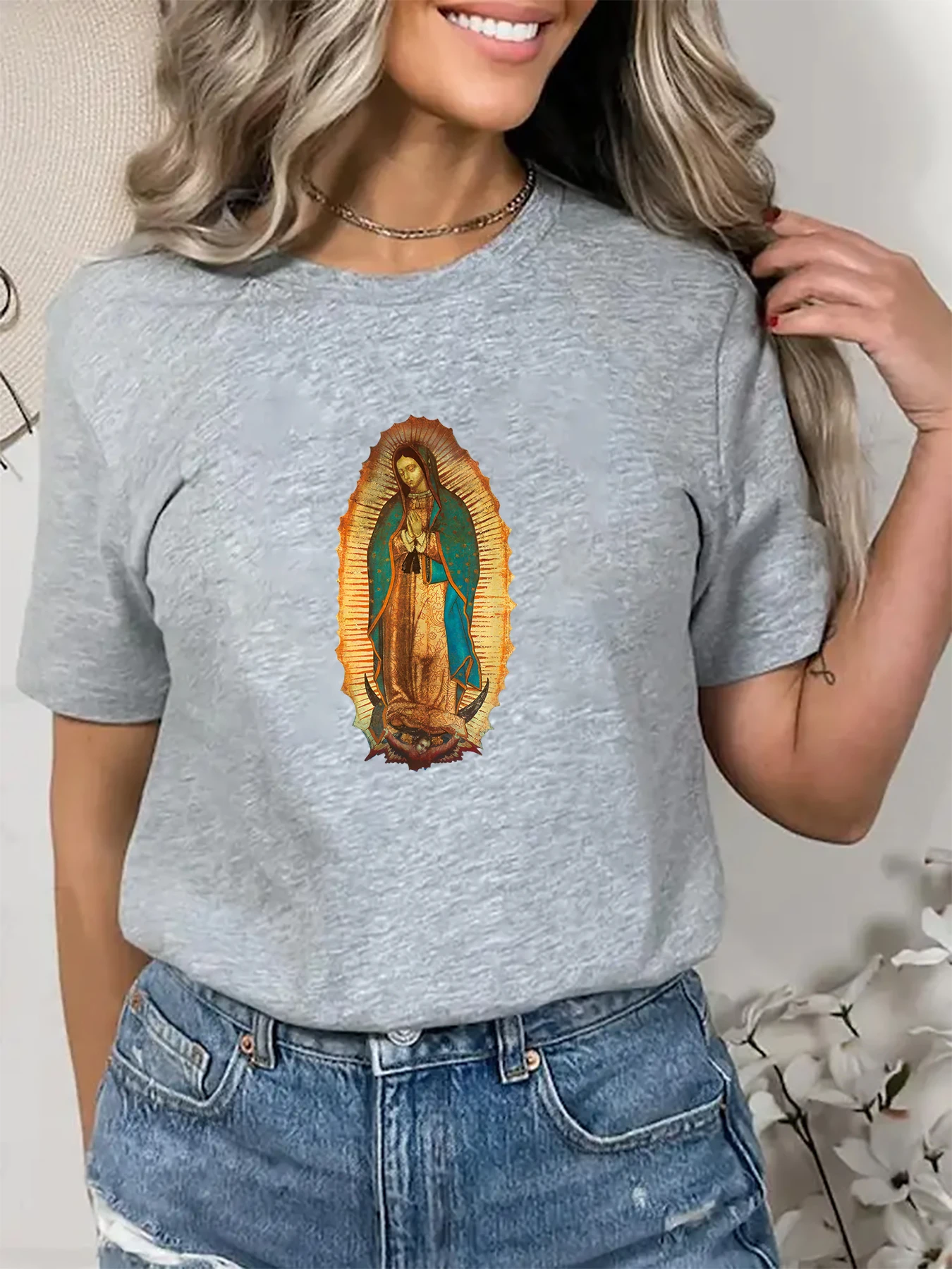 Lady of Guadalupe Virgin Mary Catholic Women\'s Casual Short Sleeve Printed Summer T-Shirt Oversized T Shirt