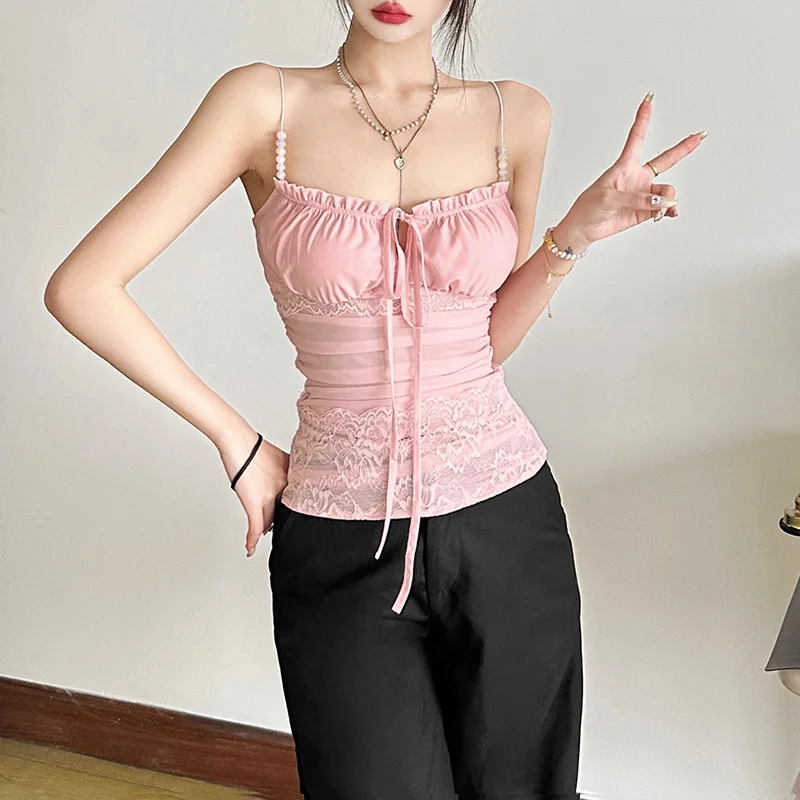 

In The Summer of 2025, Women's Fashion Sexy Gauze Perspective Backless Pleated Temperament Elegant Short Suspender Vest Lady
