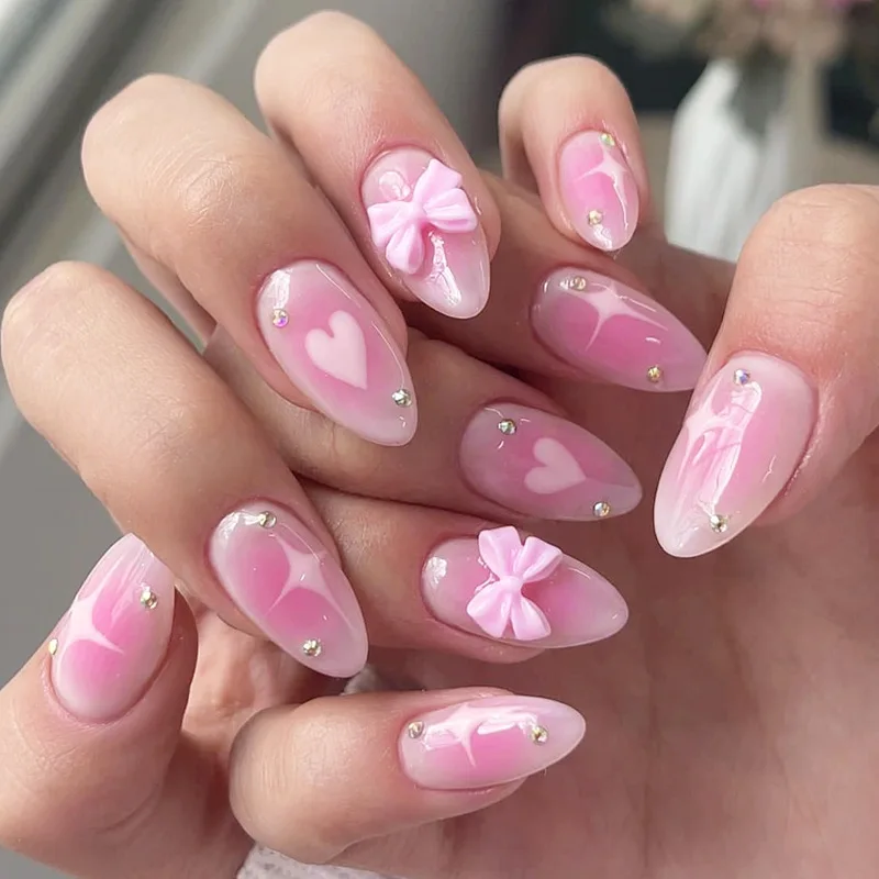 

24PCS Blush Bow Love Bead Press on Nails Almond Sweet Fresh Nail Art French Simple INS Style Wearable Fake Nails for Women 네일팁