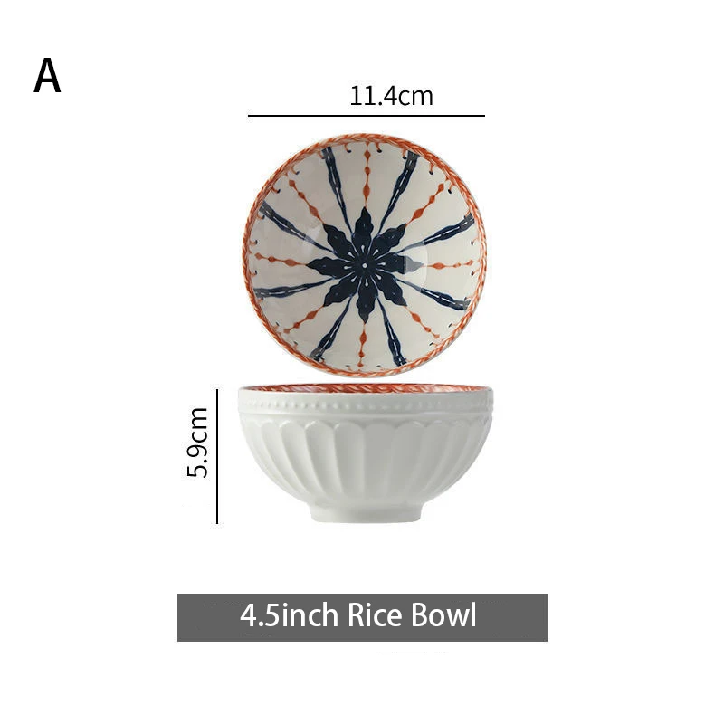 Japanese-Style 4.5inch Rice Bowl Ceramic Print Embossed Anti-scalding Bowl Simple Household Soup Bowl High-legged Tableware