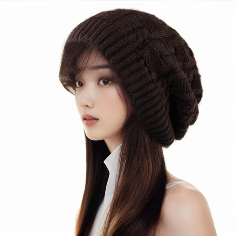 New Winter Beanie Skullies Hats for Women Colorful Big Size Warm Thick Knitted Hat Female Curling Pile Confinement Bonnet Cap