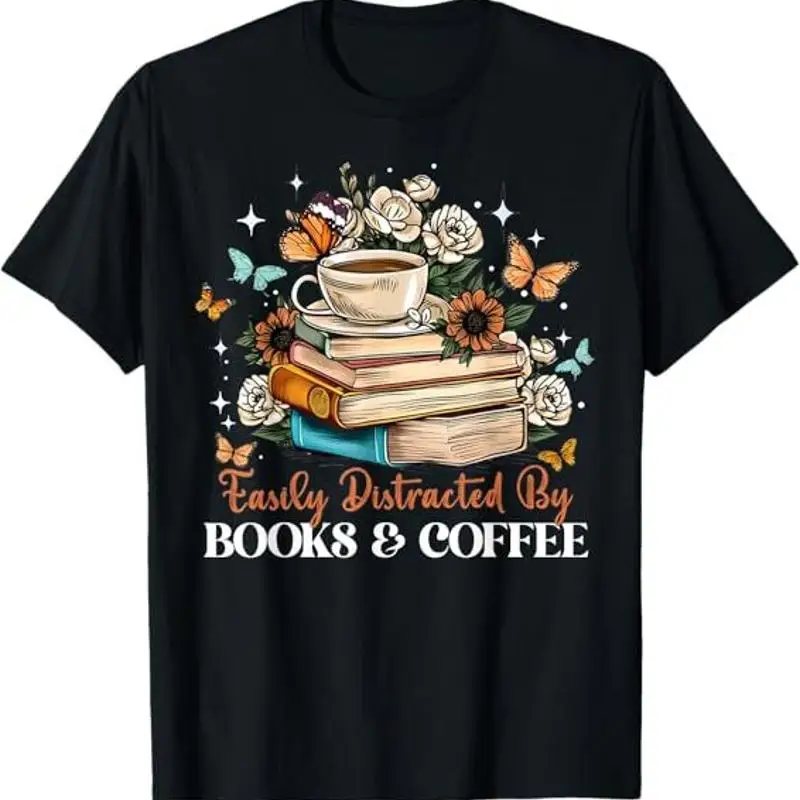New Easily Distracted By Books Coffee Floral Book Lover Retro T Shirt S 3Xl