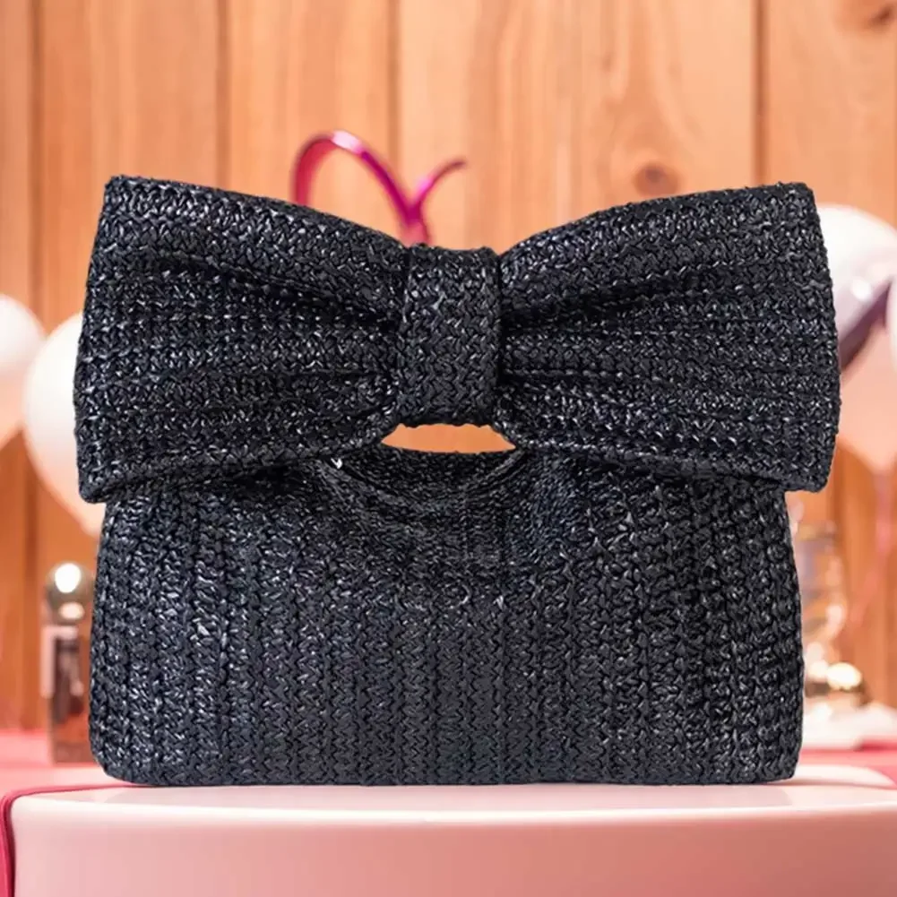 

Women Straw Woven Handbag Zipper Closure with Bow Straw Summer Handbag Versatile Female Party Wedding Bag