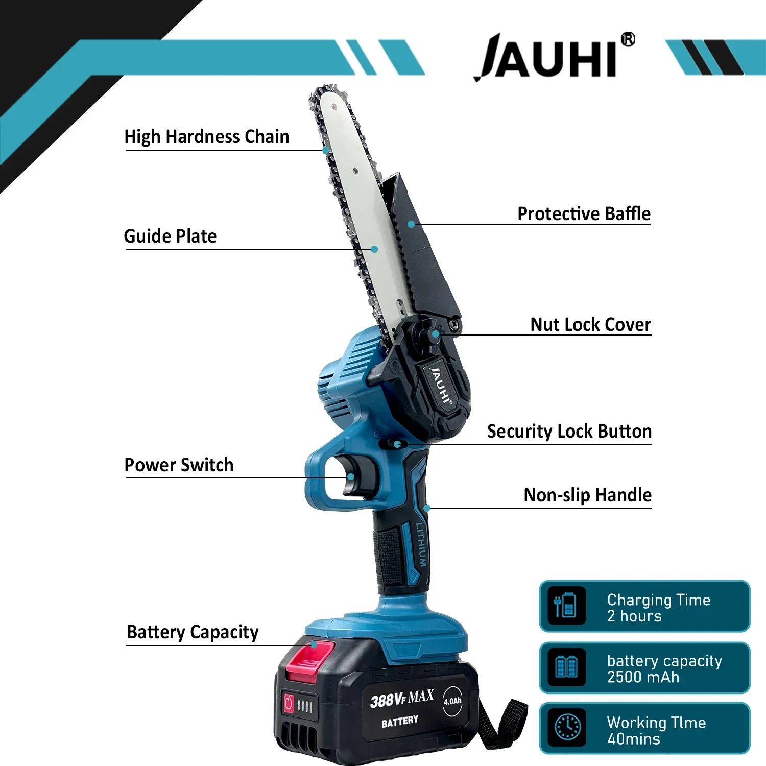 JAUHI-motosierra eléctrica de mano, cortador de madera de árbol, poda de jardín, herramienta eléctrica portátil Compatible con batería Makita, 6