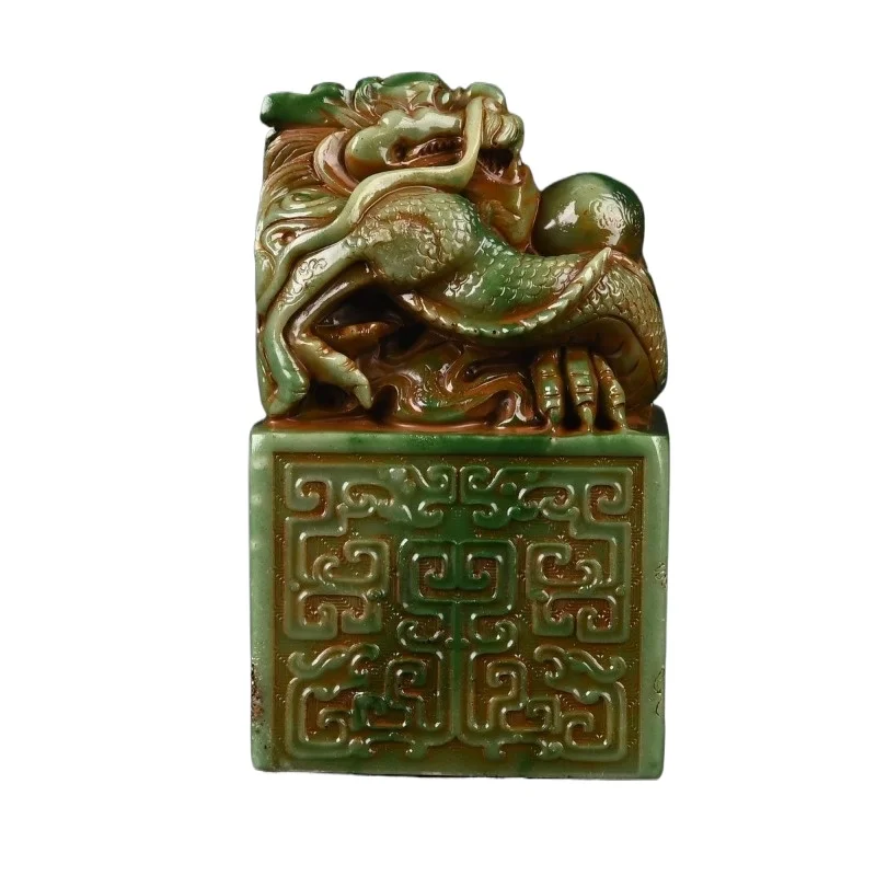 Antique Chinese Green Jade Dragon Seal Vintage Imperial Style Carved Beast Statue Feng Shui Decorative Items Ornaments Seal
