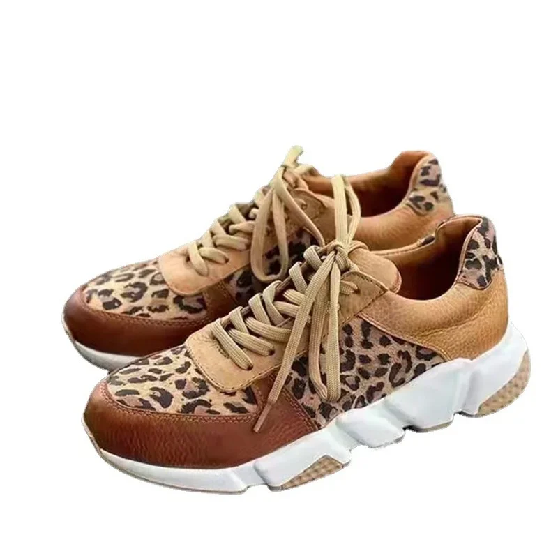 Plus size 36-44 New Thick-soled Round Toe Low-top Leopard Print Women\'s Singles Cross-large Stitching Lace-up Sneakers