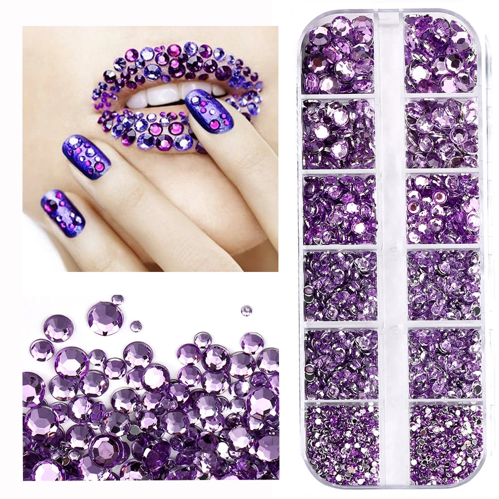 12Grid/Box Lavender Purple Round Nails Rhinestone Flatback Diamond Glass Jewelry Mix-size Glitter Resin Crystal Manicure Charms