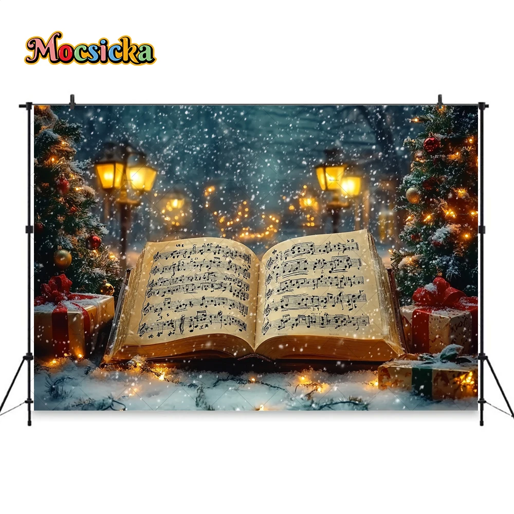 Christmas Eve Photography Background Street Streetlight Storybook Snowflake Backdrop Winter Xmas Tree Gift Photobooth for Kids