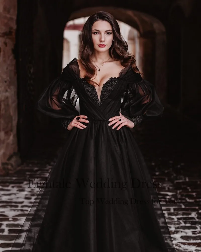 EPackage ale-Robe de Mariée Noire en Tulle à Manches sulfBouffantes, Style Gothique Victorien, à Lacets, pour Patients, Quelle que soit la Collection