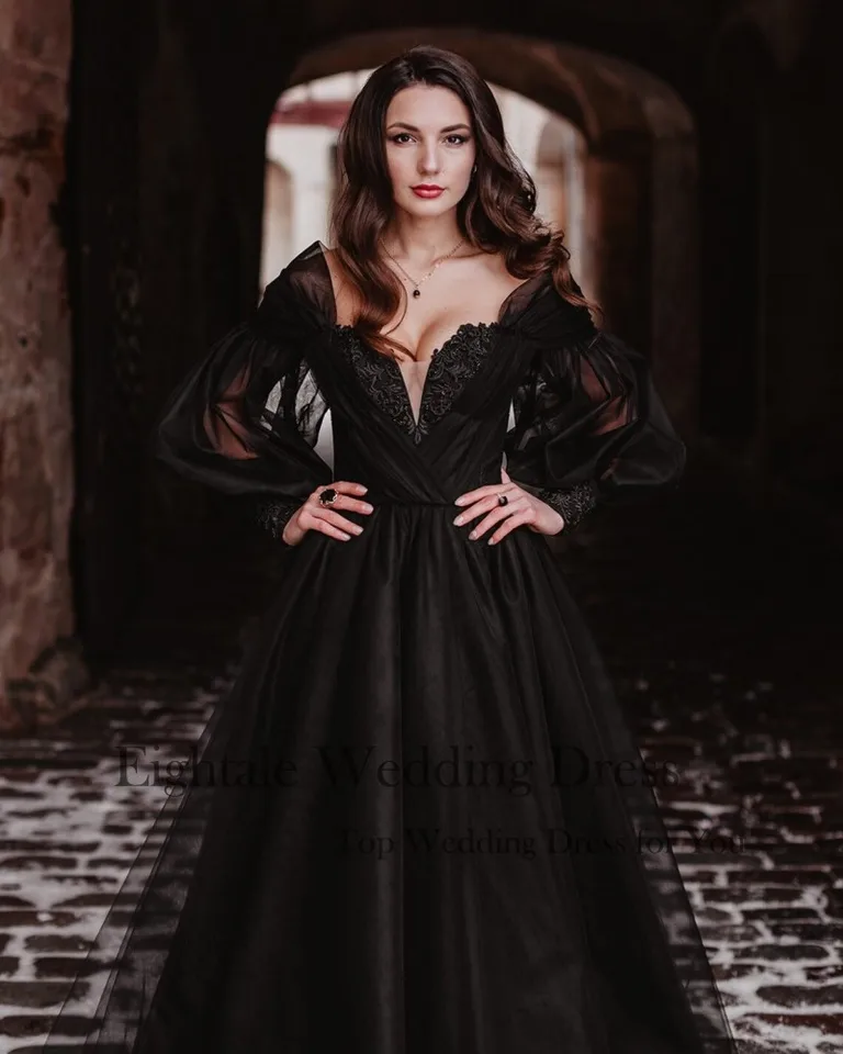 Eightale Black Wedding Dresses Off the Shoulder Long Puffy Sleeves Tulle  Victorian Gothic Lace Up Bridal Gowns Customized - AliExpress 320