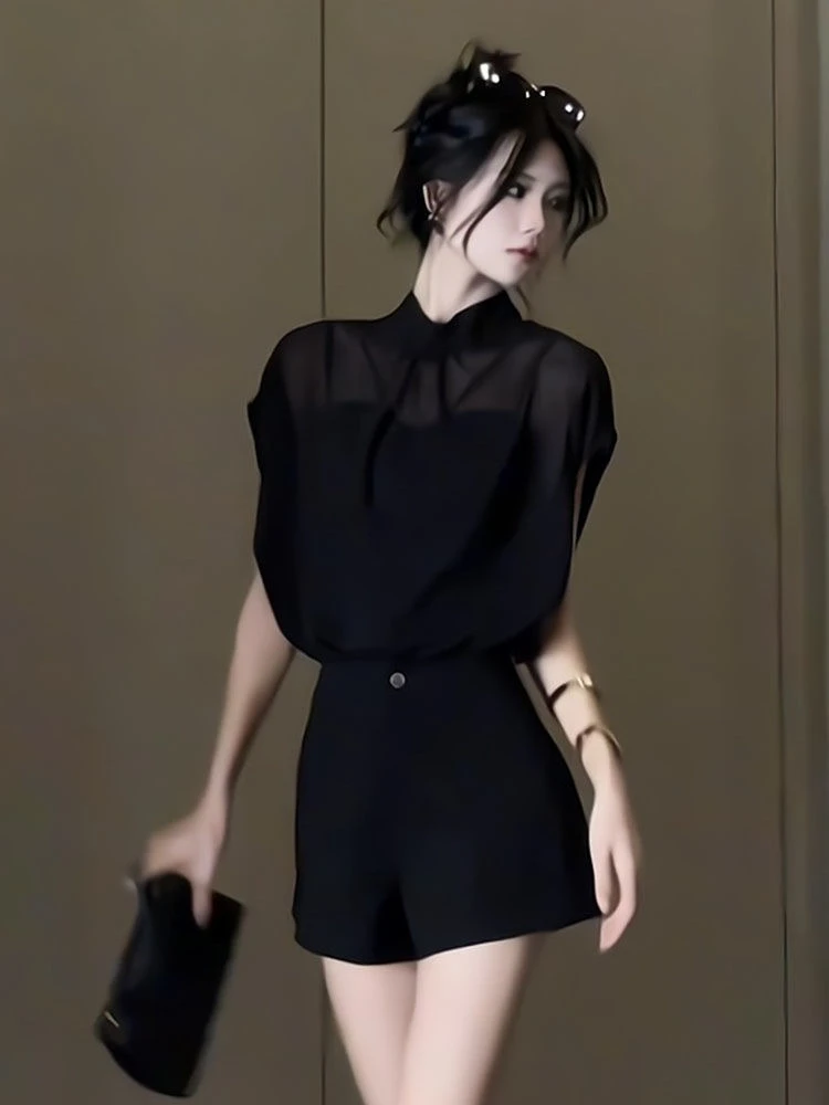 

Bla Lace Knot Tie ort Sve Stand Collar Chiffon irt Women's Faionable Summer 2025 Polyester Fiber V-ne