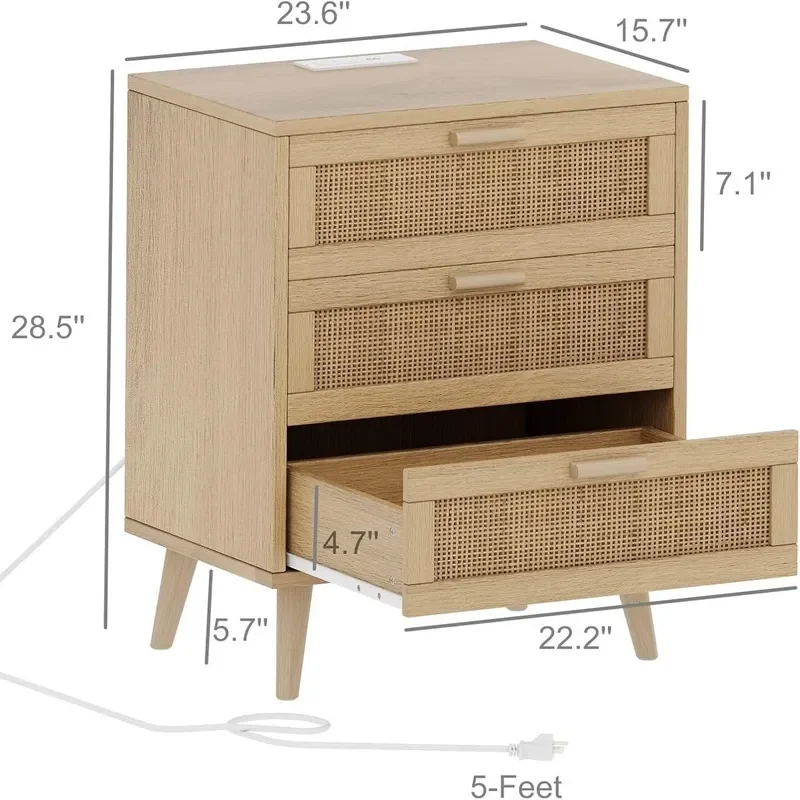 for Modern Simple Wooden Rattan Bedside Table with Socket Bedroom Nightstand Cabinet Locker Storage Unit for Home Decor