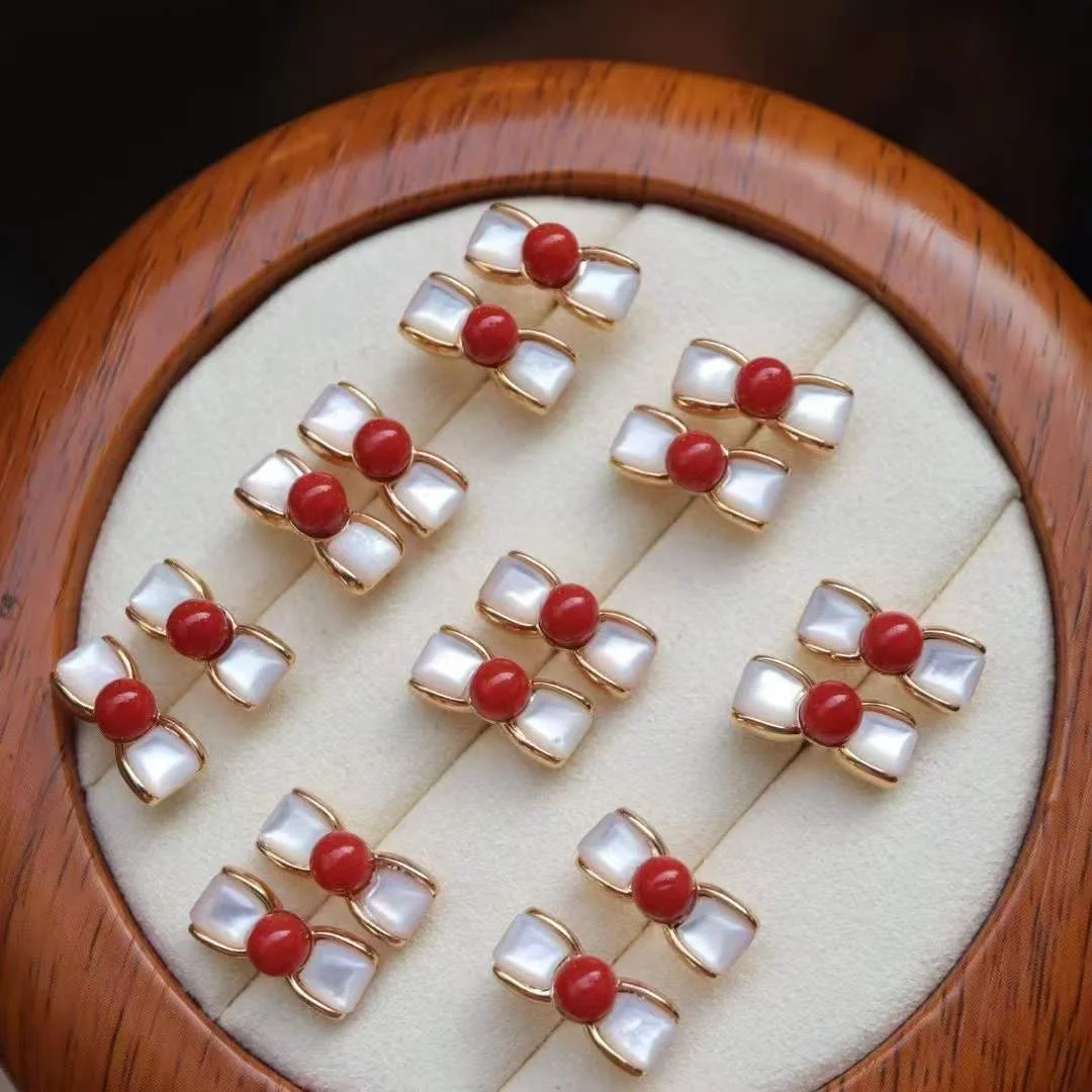 Guaranteed 925 Silver Natural Round Red Coral With White Shell Huggie Earrings Sweet Candy Bowknot Ear Stud Anti-allergy Jewelry