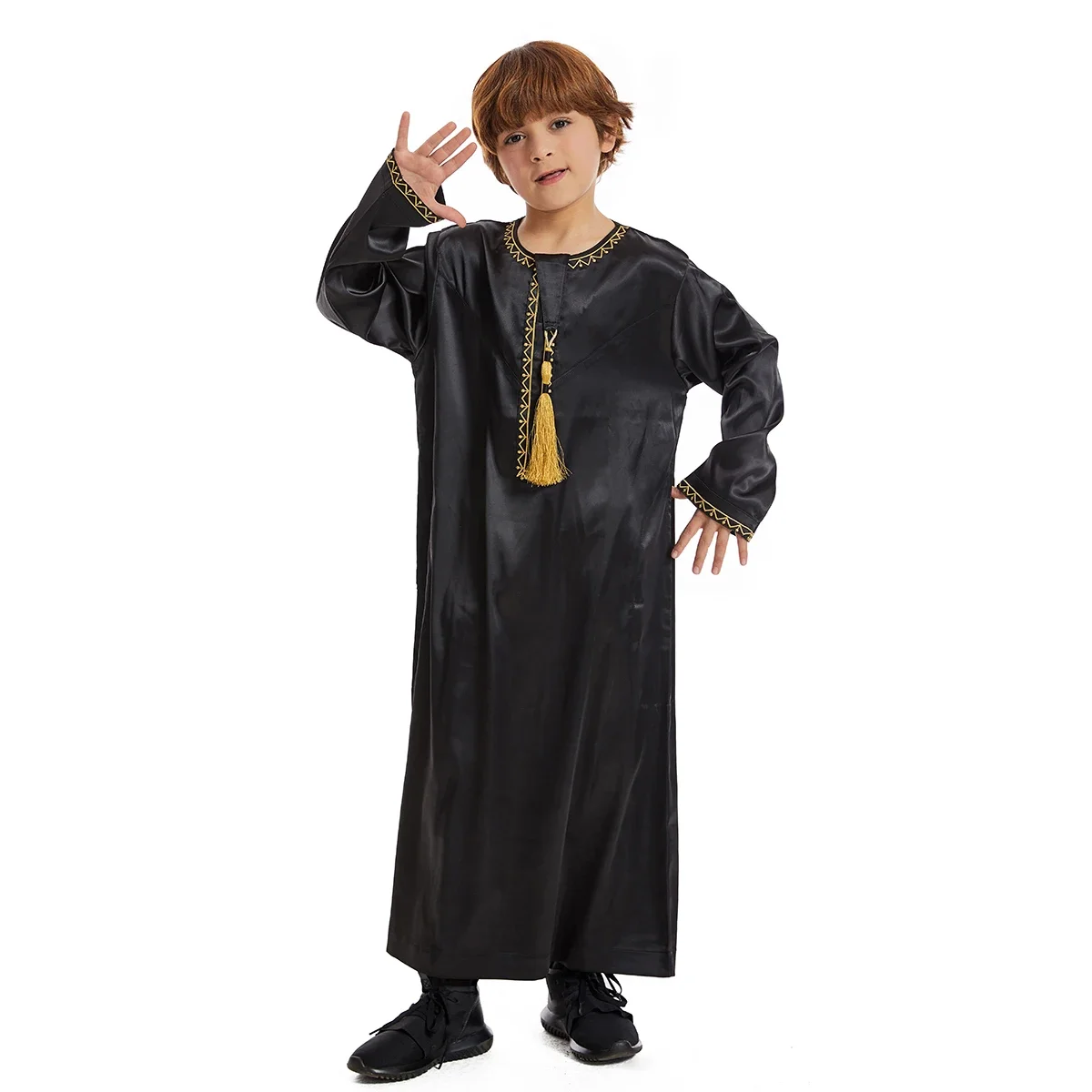 Arabo Musulmano Bambini Ragazzo Jubba Thobe Abaya Abito lungo in raso Caftano per bambini Abbigliamento islamico Abiti lunghi Abito Dubai Arabo Ramadan