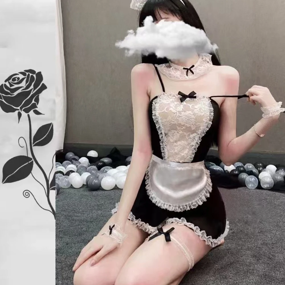 

Sexy French Maid Costume Erotic Crotchless Lingerie Set Women's Apron Dress with T-Back Panties Lolita Cosplay Role Play Outfit