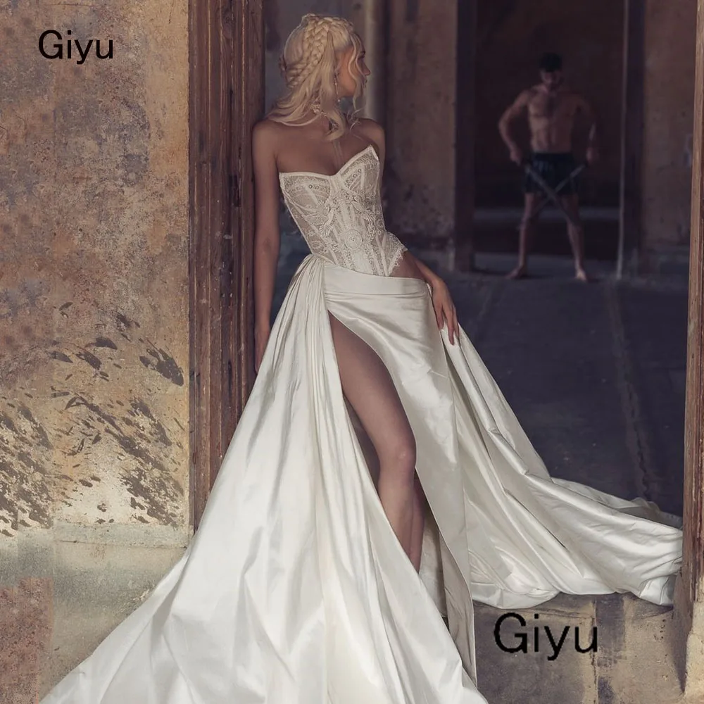 

Giyu Exquisite Lace Followers Wedding Dress For Woman V-Neck Sequined Side High Slit Vestidos Novias Boda Bridal Gown