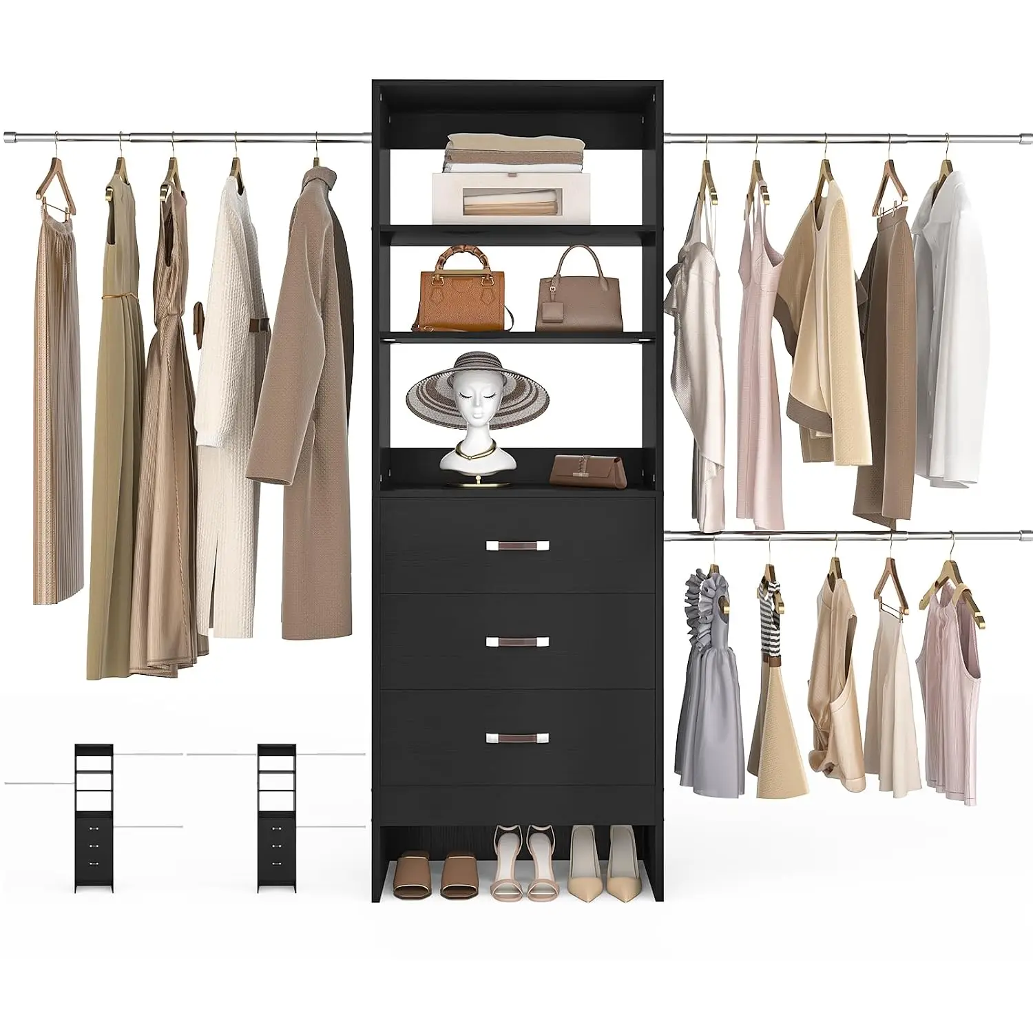 96'' Closet Organizer System with 3 Hanging Rods, 8FT Closet Organizers and Storage with 3 Wooden Drawers, Built in Closet Organ