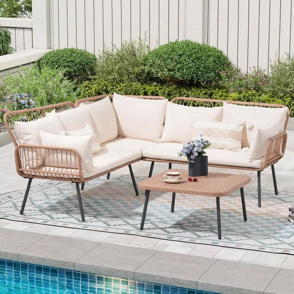 Cream White Outdoor Patio Sectional Sofa Set with Cushions and Square Table for Balcony or Backyard (4-Piece)