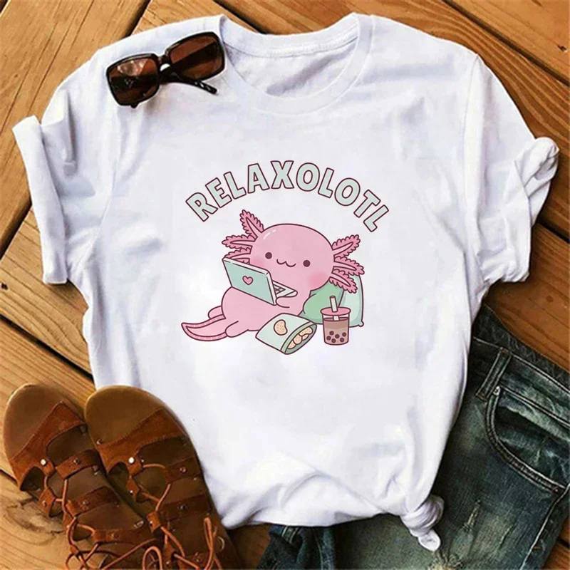 NEW Cute Axolotl Drinking Bubble Tea Printed Kids T-shirt Summer Pure Cotton Short-sleeved Casual Tops for Boys and Girls