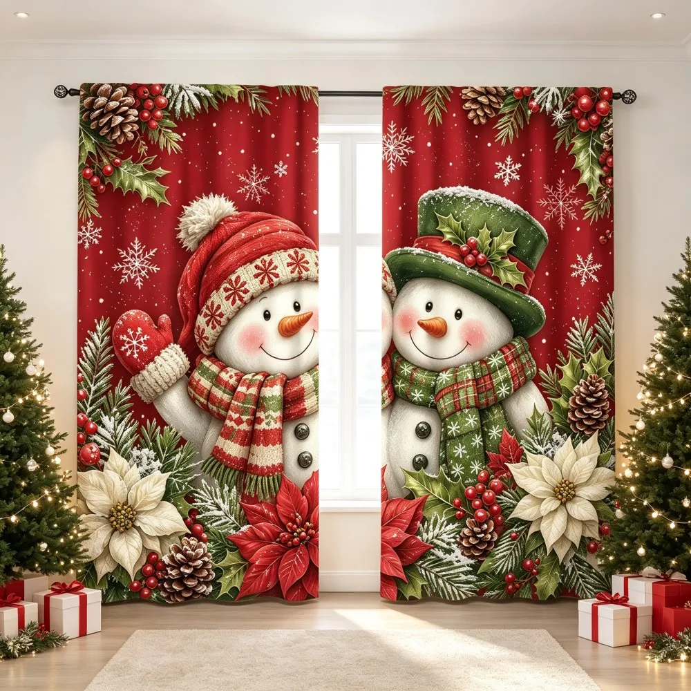 2PCS Christmas Winter Curtains, Red Two Snowmen Knit Hat Poinsettia Pine Berry, Digital Print, Bedroom Living Room, Home Decor