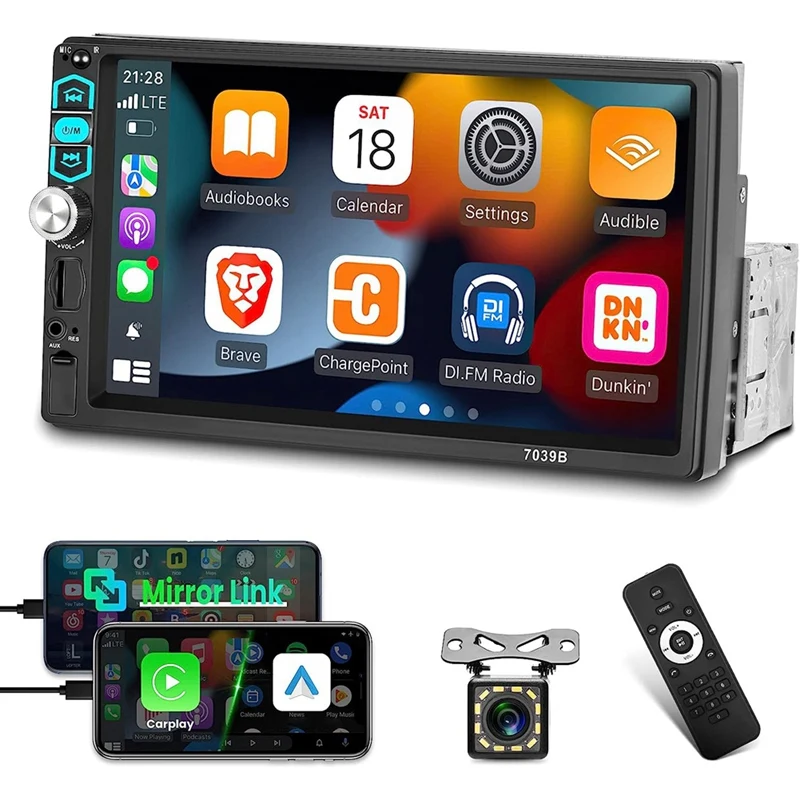 

Carplay Android Auto Stereo 7 Inch Touch Screen Radio Mirror Link/Bluetooth/FM Radio/Backup Camera+MIC