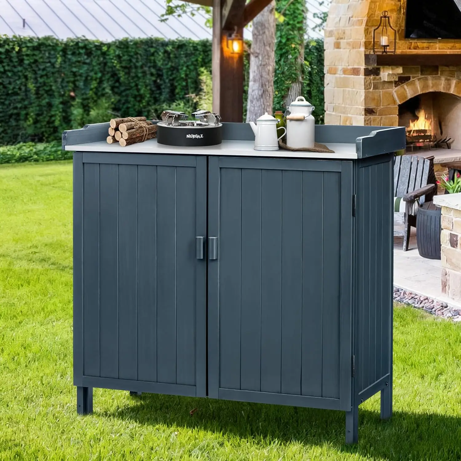 Outdoor Storage Cabinet with Potting Bench & Metal Tabletop, Wooden Planting Workstation for Garden Patio, Weatherproof
