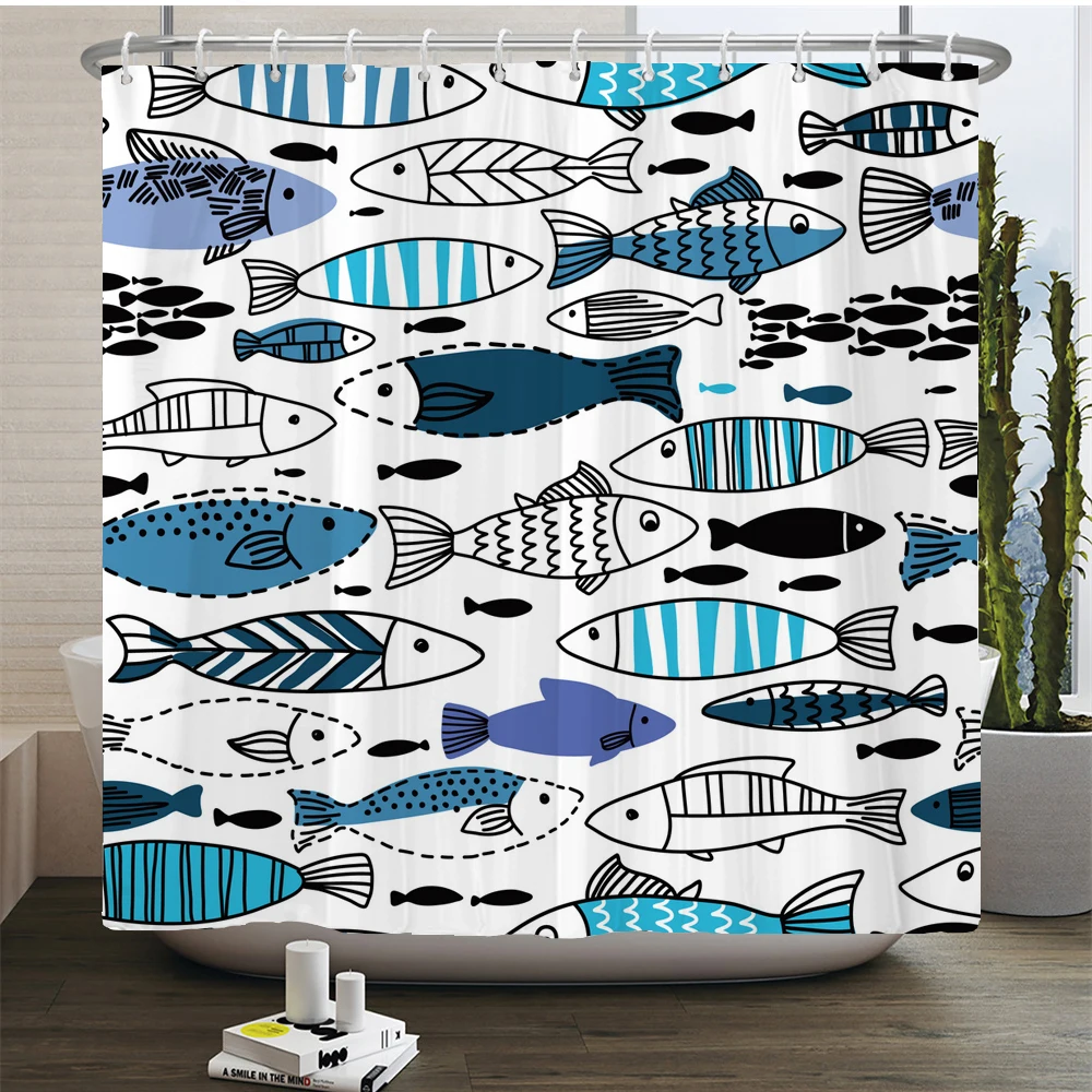 3D Ocean Cartoon Fish Toilet Cover Bath Mat Rug Set Fish Dolphin Bathroom Curtain Waterproof Fabric Shower Curtains with Hooks