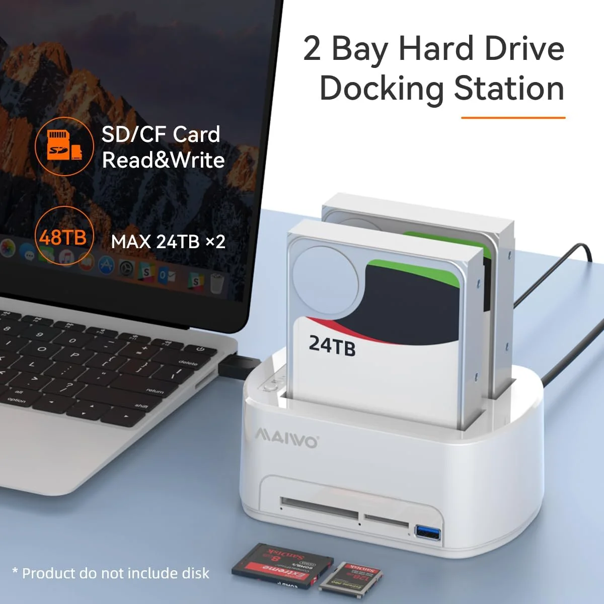 MAIWO SATA - USB3.0 デュアルベイ ハードドライブ ドッキングステーション (オフラインクローン機能付き、2.5インチ/3.5インチ HDD/SSD 48TB対応、CF/SDカード対応)