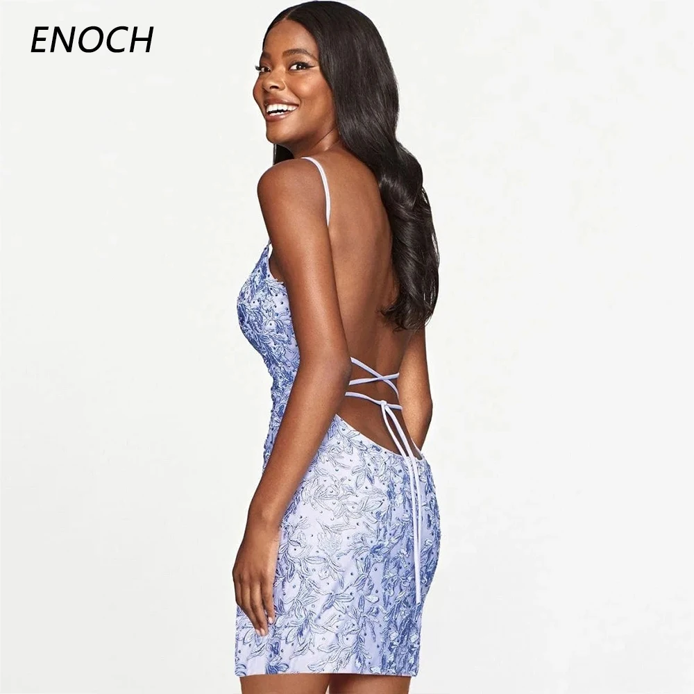 ENOCH Stunning V-Neck Short Party Dresses New Appliques Spaghetti Strap Lace Up Back Above Knee Prom Gown فساتين للحفلات الراقصة