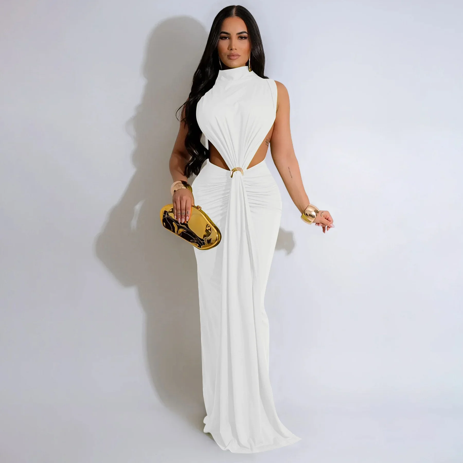 エレガントな女性用イブニングパーティー クラブドレス Oネック ハイ スリット ラッフル スタック ボディコン カットアウト ロングドレス 誕生日 プロム パーティー ドレス