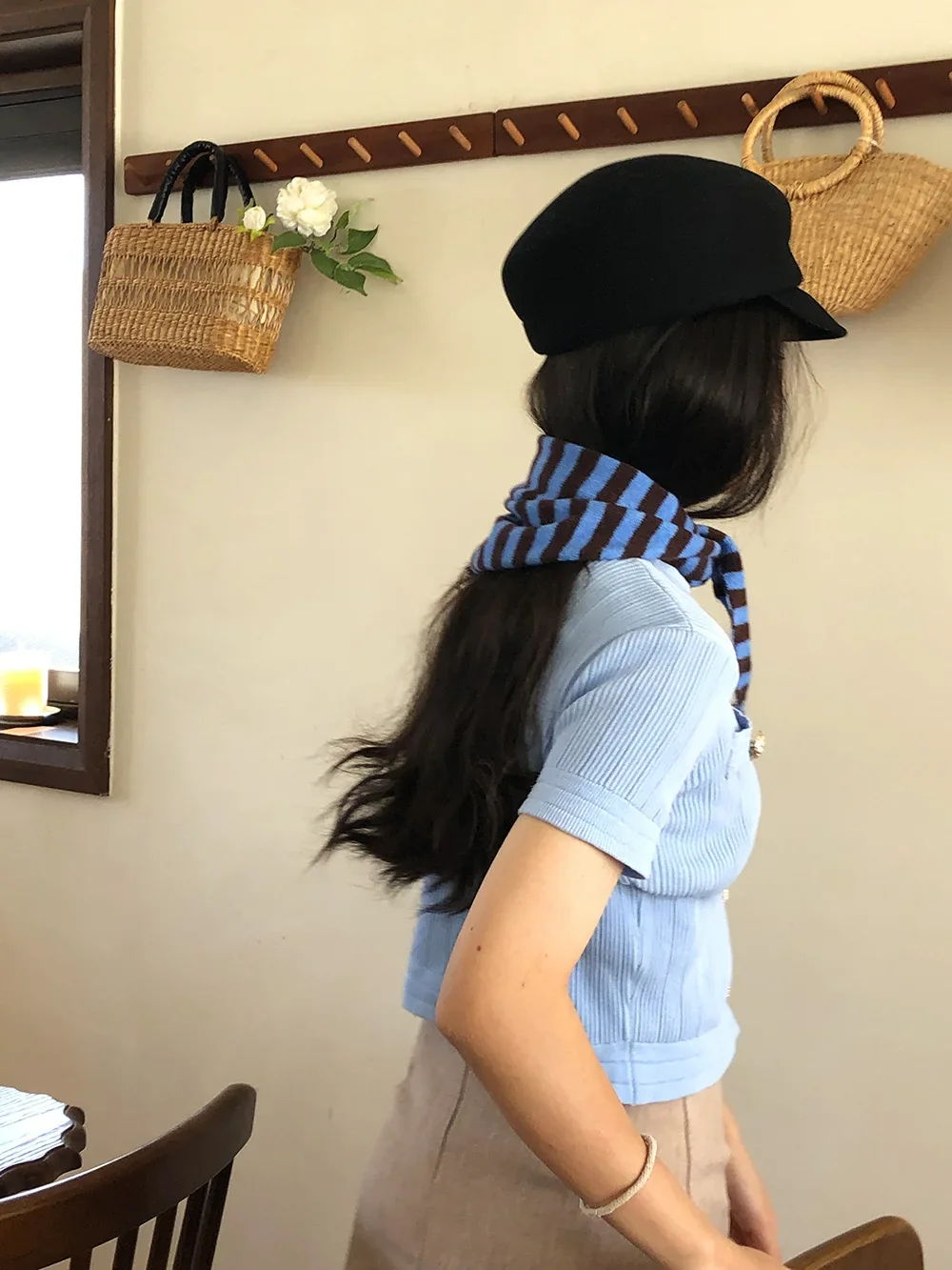 Autumn Winter Black Apricot Striped Wool Knitted Triangle Scarf Small Versatile Warm Korean Triangle Scarf