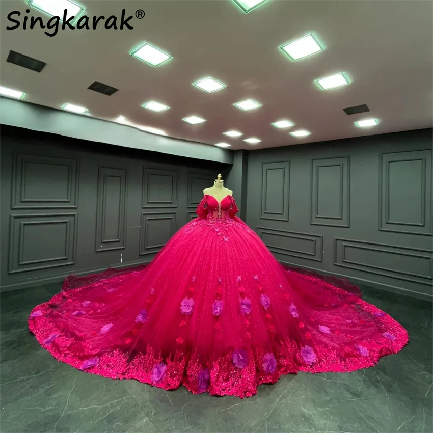 Fuchsia Pink Sweetheart Mexican Beaded Quinceanera Dress With Cape Crystals Beads Butterfly 16th Ball Gown Vestidos