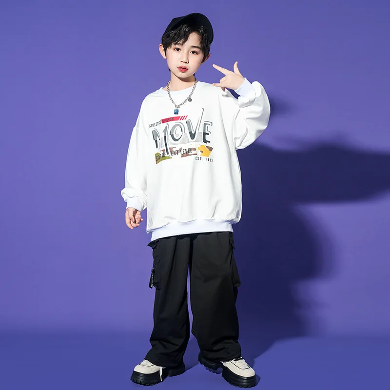 Kid Kpop Hip Hop Clothing White Letters Sweatshirt Black Casual Cargo Drawstring Pants for Girl Boy Jazz Dance Costume Clothes