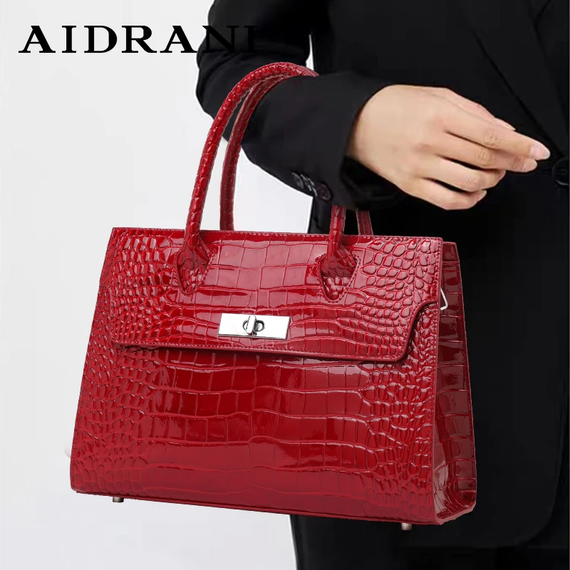 Aidrani  Fashionable women\'s crocodile pattern handbag, made of cowhide material, large capacity