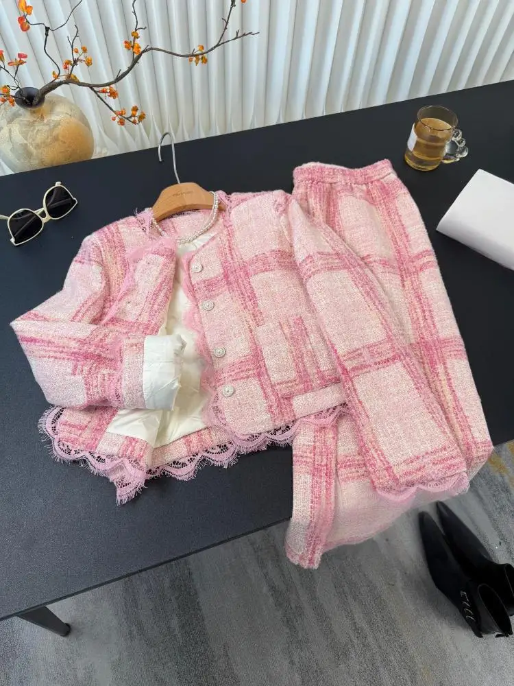 Elegant Women Pink Grid Autumn Winter New Fashion Jacket Skirt Two Piece Set Ladies O Neck Single Breasted Loose Fit Outfits