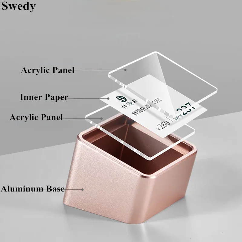 Small Aluminum Base Acrylic Sign Holder Display Stand Jewelry Watch Mini Table Price Label Paper Card Tags