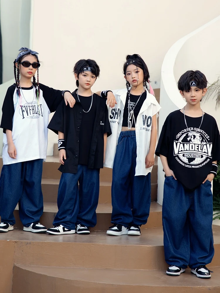 Kids Street Dance Clothes Hip Hop Boys Costume Girls Jazz Dance Performance Clothing Summer T Shirt Loose Denim Pants BL12327