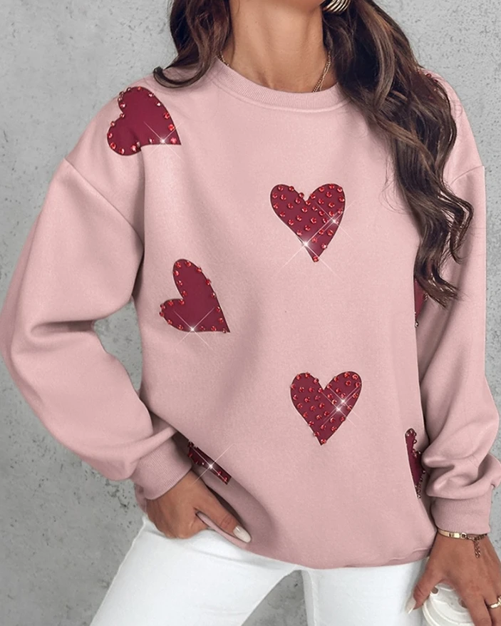 

Women's Hoodie Top Fashion Daily Casual Solid Color Heart Print Round Neck Long Sleeve Rhinestone Decor Loose Fit Sweatshirt