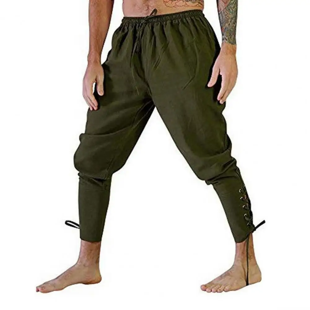 Medieval Pirate Men Trousers Medieval Pirate Men's Ankle-banded Lace-up Pants with Elastic Waist Pleated Loose for Cosplay