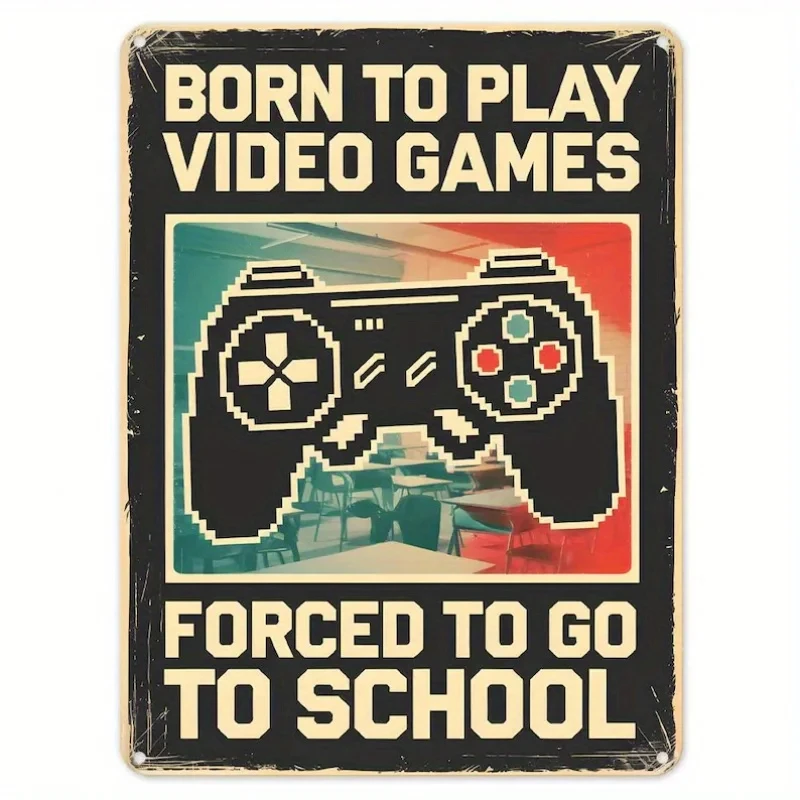 Born to Play Games Metal Sign Wall Art Plaque - Vintage Retro Iron Art Game Decoration with Pixel Art Controller Design