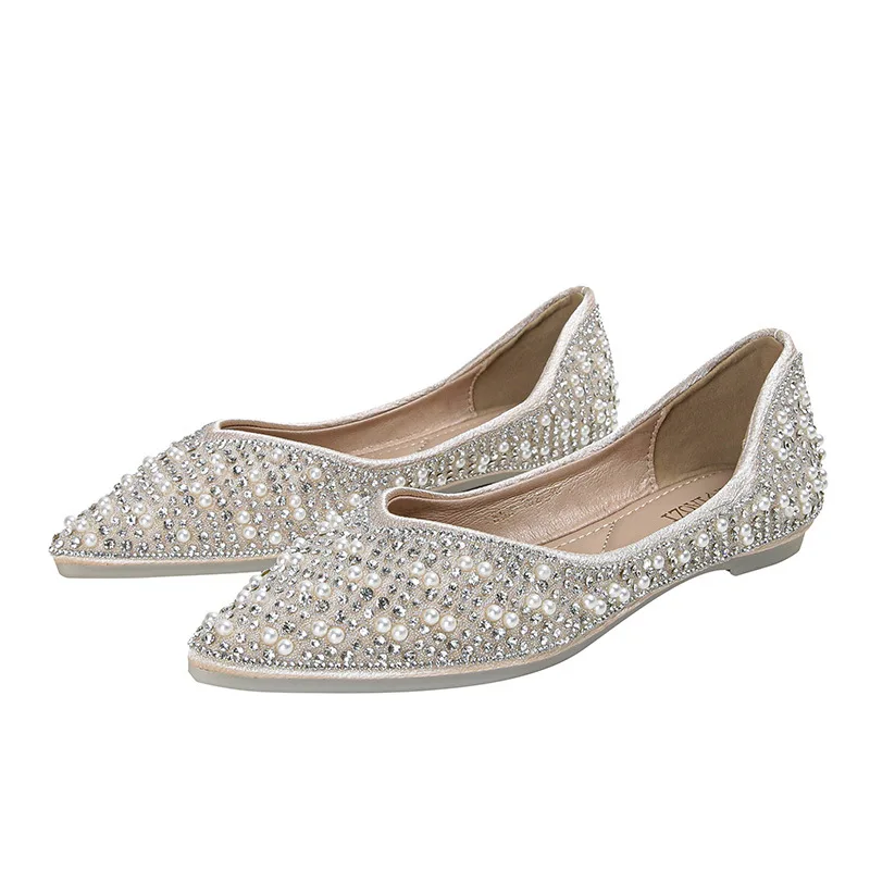 Plus Size Women\'s Flat Shoes Rhinestone Pointed Toe Party Bride Wedding Shoes Fashion Loafers Female Slip on Boat Shoes