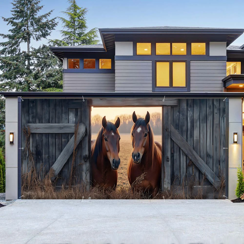 Stables الغابة المشهد باب المرآب راية مزرعة الحيوانات باب خشبي الخيول للديكور في الهواء الطلق المرآب خلفية الفناء راية كبيرة