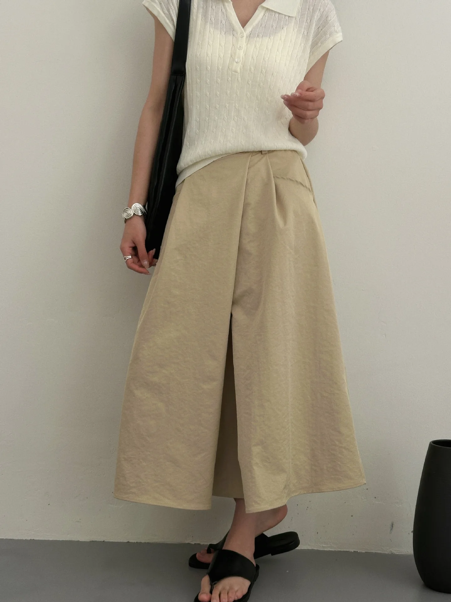 Harajuku Preppy Navy Blue Pleated Cargo A Line Midi Skirt High Waist Front Side Pocket Loose Flowy Women Minimal Casual Skirts